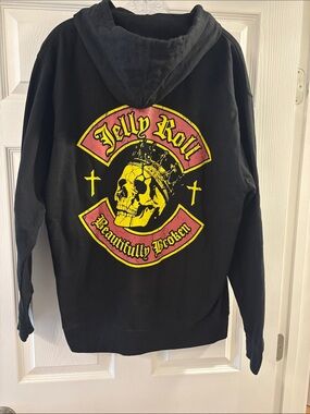 Jelly Roll Black Graphic Pullover Hoodie with Yellow & Pink Skull Emblem